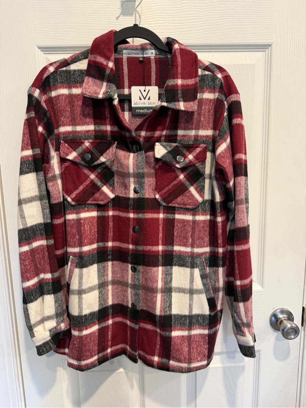 Michelle Mae Burgundy Plaid Shacket with Black and Cream Accents